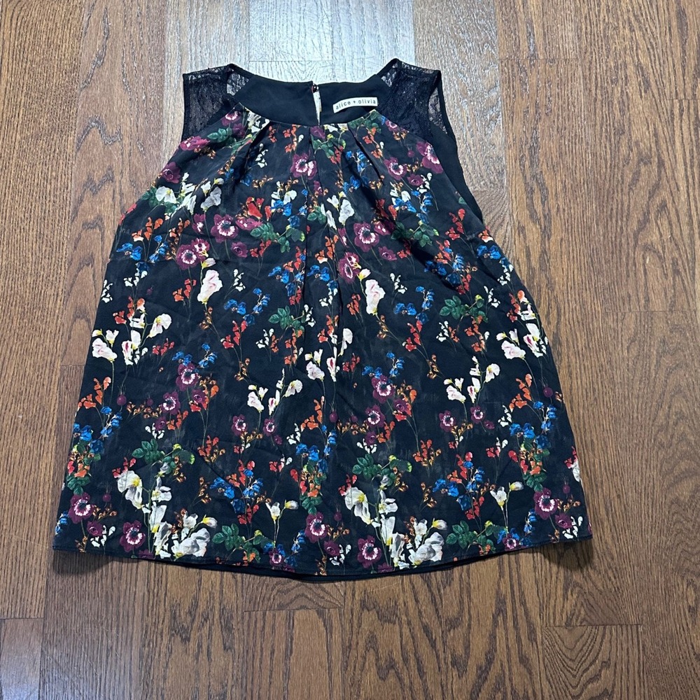 Alice + Olivia Black Wildflower Floral Silk Blend Lace Shoulder Pleated Top
